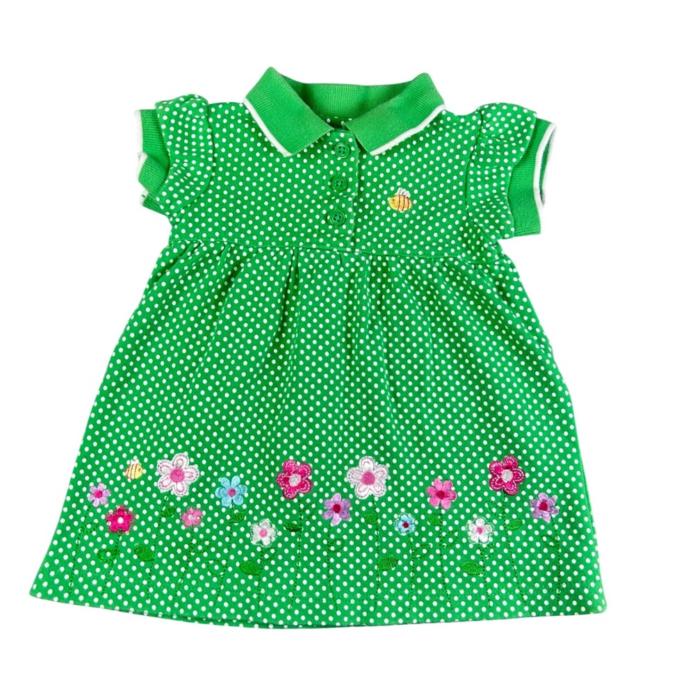 Y2K Carter's Baby Dress Girl's 6 Months Green Polka Dot Bee Floral Embroidered